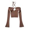 2023 principios de otoño nuevo color puro hebilla colgante suéter de chica caliente para mujer sexy halter con cordones fuera del hombro ajustado corto