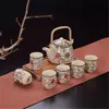 Conjunto de Chá Jogo Bule Grande Porcelana Azul e Branca Bule com Alça de 7 Cabeças Cerâmica Peônia Chinês Retrô Atacado Xícara de Chá Doméstica