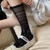Meias Femininas de Verão Finas Brancas de Renda Vazada Estilo Ballet Meia-Panturrilha com Acabamento em Renda, Adequadas para Combinar com Sapatos Mary Jane
