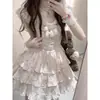 Vestido floral doce estilo francês com manguinhas bufantes para mulheres, vestido de princesa bufante para o verão, cintura marcada com laço, para baixinhas