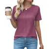 Camiseta top de mujer de manga corta plisada de color liso con cuello redondo para primavera y verano