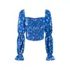Camisa Corta Floral Retro Estilo Palacio Francés Cuello Cuadrado de Atar Mangas Abullonadas para Vacaciones Primavera Ajustada Top de Cintura Alta
