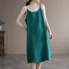 Algodão Linho Verão Novo Algodão Puro Alça Cor Sólida Vestido Feminino Artístico Elegante Solto Alça Interna Vestido Longo