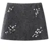 Saia de Lã com Lantejoulas e Contas Feita à Mão no Mesmo Estilo de Dong Jie para Mulheres, Saia Curta de Lã Casual de Cintura Alta para Outono e Inverno, Afinando, Linha A