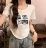 Camiseta de verano para mujer, de manga corta, con hombros descubiertos, dobladillo curvo, corte ajustado, cintura alta, ombligo descubierto, estilo chic.