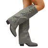 Botas de perna de calça bico fino salto escondido transfronteiriças femininas fivela de cinto cor sólida não acima do joelho emagrecedoras botas longas salto plataforma botas de equitação femininas
