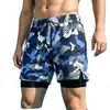 Shorts de baño de secado rápido de doble capa de cinco puntas con estampado de camuflaje, forro anti-vergüenza, corte holgado, cordón, shorts para playa, natación y deportes