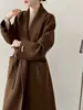 Estilo francês, sofisticado, gola verde clássica, design de ombros caídos, casaco de lã dupla face para mulheres, com amarração na cintura