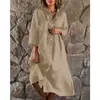 Vestido-camisa feminino estilo europeu e americano 2026 em verde fluorescente, corte solto, modelador, manga média, gola alta, vestido longo estilo cardigã