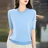 Nova Estilo Primavera e Verão 2026 Lyocell Fio Fino Gola Redonda Manga Curta Feminina Solta Casual Tamanho Grande Camiseta Básica Cor Lisa
