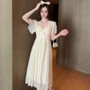 Camisón de Malla Estilo Francés para Mujer Verano con Almohadilla en el Pecho Princesa de Palacio Sexy Pijama Modal Manga Corta Largo Ropa para el Hogar
