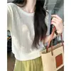 Elegante Roupa para o Trabalho! Blusa de Tricô com Gola Redonda, Manga Curta, Xadrez Pequeno, Vazada, de Acetato, Lã e Liocel, Slimming para Mulheres, Verão