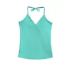 Top regata feminino estilo garota picante azul-esverdeado, decote em V com alças cruzadas no pescoço, novo top versátil de verão verde slim fit