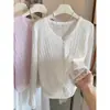 Suave suéter de punto calado con manga larga para mujer, nuevo estilo de verano, fino y ligero, con ribete de encaje, corte holgado, prenda exterior versátil