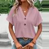 Moda Feminina Casual 2025 Primavera e Verão Europeia e Americana Transfronteiriça Estação Independente Amazon Camiseta Lisa com Botão e Decote V para Mulheres
