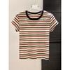 Camiseta Feminina Manga Curta Estilo Europeu Slim Fit Color Block Listrada, Moda Verão 2026 Slimming Design Base Top