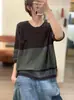 Primavera 2026 Nuevo Color de Contraste Rayas Cuello Redondo Adelgazante Casual Ajuste Holgado Cubre-todo de Punto Manga Media Camisa Base Delgada para Mujer