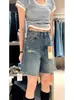 Shorts de Mezclilla Azules Rasgados para Mujer, Estilo Delgado de Verano, Tallas Grandes, Cintura Alta, Adelgazantes, Cuerpo Forma de Pera, Shorts de Cinco Puntos Pierna Ancha de Longitud Media