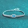 Pulsera de plata de ley S925 con moissanita incrustada a mano para mujer, rectangular, borde biselado, fila de diamantes, piedra de color azul zafiro, estilo de lujo ligero