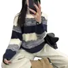 Tejido de Punto Rayado en Color de Contraste Ropa Exterior Holgada para Mujer Nuevo Estilo Otoño e Invierno 2025 Tejido de Punto Básico de Manga Larga Perezoso y Elegante con Cuello Redondo
