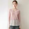 Suéter Konsaini 100% cachemira pura, nuevo estilo otoño e invierno, con lentejuelas, con cuentas, calado, bloques de color, ribete de cuentas, tejido de cuello en V