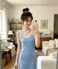 Vestido corto sin mangas de nuevo estilo veraniego con estilo pastoral, vestido tipo camisola ajustado, vestido azul puro y seductor