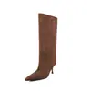 Botas altas de tacón de aguja con punta afilada, sexys, con textura de cachemira, para mujer, otoño e invierno, gamuza marrón de alta gama, botas de moda que alargan las piernas