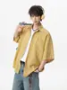 Camisa tipo polo a cuadros azul salmón para hombre, Camisa de verano estilo Miu sol, Camisa de manga corta holgada de media manga