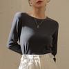 Camisa feminina de gola redonda preta com base, primavera outono e inverno, com linha, slim fit, estilo ocidental, camiseta de manga comprida, top de malha