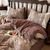 Juego de ropa de cama de doble capa de gasa con encaje francés, mezcla de lino y algodón engrosado para otoño e invierno, con funda nórdica de estilo retro adecuada para todas las estaciones.