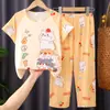 2026 Novo Pijama Infantil de Verão Desenho Animado Fofo Manga Curta Calça Longa Roupa de Dormir Infantil Conjunto de Duas Peças