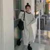 2025 Nuevo Otoño e Invierno Estilo Coreano para Mujer Suelto Largo hasta la Rodilla Cuello Redondo Vestido Falda Larga Sudadera de Manga Larga Rayada