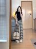 Pantalones de pierna ancha de seda helada para mujer, finos de verano, cintura alta, drapeados, a cuadros en blanco y negro, adelgazantes, versátiles, casuales, holgados, rectos