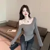 Camiseta Gris de Manga Larga para Mujer, Estilo 'Hot Girl', para Otoño e Invierno, Chic para Ceñir la Cintura, Camiseta Interior Dulce y Picante, Top Corto de Nicho