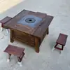 Mesa de té de madera de olmo vieja estilo wabi-sabi con chimenea, mesa cuadrada de fuego vintage para exteriores, mesa de barbacoa y mesa de comedor de madera maciza para casa de huéspedes