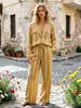 Conjunto de camisa listrada + calça pantalona de cintura alta, fornecimento direto da fábrica, novo conjunto casual de duas peças para primavera-verão feminino para o dia a dia