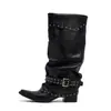 Botas Altas de Diseño de Nicho para Mujer 2026 Nuevas Negras de Media Pantorrilla Nuevo Estilo Botas de Jinete Punta Fina Botas Arrugadas
