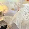Conjunto de Renda Estilo Coreano Estilo Princesa Algodão Puro Conjunto de Quatro Peças para Meninas, Lençol de Elástico 100% Algodão Estilo Colcha Redutora de Idade Conjunto de Três Peças para Dormitório