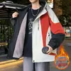 Jaqueta Espessa com Forro de Fleece para Meninos, Outono e Inverno, Jaqueta Patchwork Color-Blocking para Adolescentes, Alunos do Ensino Fundamental II e Ensino Médio, Casaco de Algodão para Crianças Mais Velhas