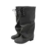 Botas de Cano Alto Femininas Retro Bico Redondo Salto Bloco Nova Versátil Cadarço Amassado Empilhado Emagrecedor Cano Alto Botas de Equitação