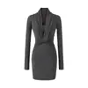 Vestido Bodycon de Manga Longa Torcido com Decote em V Estilo Desejo Puro, Vestido Curto Color Sólida Moderno e Versátil Slim-Fit, Hot Girl