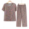 Traje de verano de manga corta para mujeres de mediana edad y mayores, conjunto de dos piezas transpirable y holgado de algodón y seda para madres y abuelas