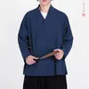 Jaqueta cardigan sem botões com gola diagonal estilo chinês, roupão de algodão e linho de corte solto para homens, roupa externa casual Hanfu estilo chinês novo retrô
