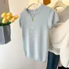 Ombro Azul Leite Seda Gelo Tricotado Manga Curta Camiseta Feminina Verão 2025 Novo Design Senso Fino Vazado Top
