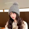 Gorro de Lana Tejido Estilo Coreano Otoño/Invierno para Mujer con Forro Polar Añadido para Calidez, Gorro con Pompón, Estilo Versátil Ins, Dulce, Gorro de Protección contra el Frío