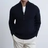 Suéter de punto trenzado estilo americano para mujer, color café, con media cremallera y cuello alto, para otoño e invierno, estilo "old money", top base de punto suave y acogedor