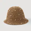 Sombrero de pescador de paja hueco con perlas y pedrería de estilo francés, estilo corto de verano, hace que la cabeza parezca más pequeña, transpirable, sombrero de sol de ganchillo hecho a mano
