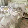 Juego de cuatro piezas de gasa de doble capa de algodón puro transpirable con lazo de dibujos animados INS, funda de edredón de algodón puro ultrablanda para dormir sin ropa, juego de ropa de cama de tres piezas