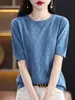 Moda cuello redondo hexagonal color sólido hueco jersey manga abullonada holgado casual primavera y verano algodón tejido para mujer manga corta