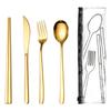 Venta caliente transfronteriza 304 acero inoxidable cuchillo, tenedor, cuchara, palillos traje de vajilla bolsa de PVC conveniente juego de cuatro piezas de vajilla portuguesa